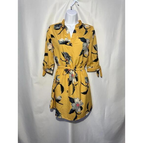 Blush Dresses & Skirts - Hint of Blush Yellow Floral Mini Dress S 3/4 Sleeve Draw String Waist Boho